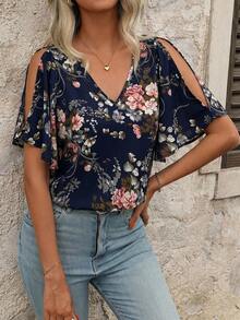 SHEIN Clasi Women's V-Neck Floral Print Ruffle Sleeve Split Hem Blouse - Navy Blue - View 3