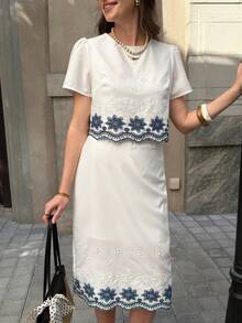 Solivie Ensemble 2 pièces Top à manches courtes col rond et jupe avec motif floral brodé, pour les vacances, les rendez-vous, les sorties. Robe blanche femme avec broderie bleue et blanche, robe blanche modeste, robe blanche style français, robe blanche vintage. Tenues d'été pour femmes. Tenues décontractées et élégantes pour femmes. - Bleu et Blanc - Voir 6