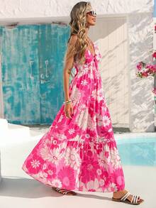 Vivid Eden 女士印花荷叶边下摆吊带长裙 - 玫紅色 - 查看 13