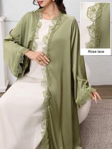 Al Najma Elegant Embroidered Floral Trim Abaya Robe - Green - View 2
