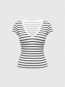 Rina Fox 女士新款春夏T恤，性感深V领蕾丝拼接紧身基础款T恤，复古休闲黑白条纹印花短袖T恤，休闲白色基础款T恤，节日春季T恤，适合日常穿着和外出。 - 黑與白 - 查看 3