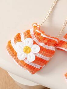 SHEIN Playful Pals 2pcs/Set Young Girls Crochet Orange & White Striped Daisy Decor Camisole Top+Shorts+Bag,Summer Matching Family Vacation Cute Flower Kids Clothes Set - Orange - View 6