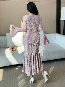 DAZY Đầm maxi dáng xòe đuôi cá xếp ly ren hoa thanh lịch dành cho nữ, thích hợp làm đầm dự tiệc cưới mùa xuân/hè, đầm maxi mùa hè. - Hồng - Xem 2