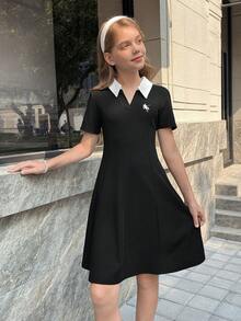SHEIN 优雅黑白束腰Polo衫连衣裙，适合少女穿着，休闲百搭，适合度假、上学、日常穿着，春夏皆宜。黑色连衣裙，优雅连衣裙，女童Polo衫连衣裙，女童翻领连衣裙 - 黑色 - 查看 5