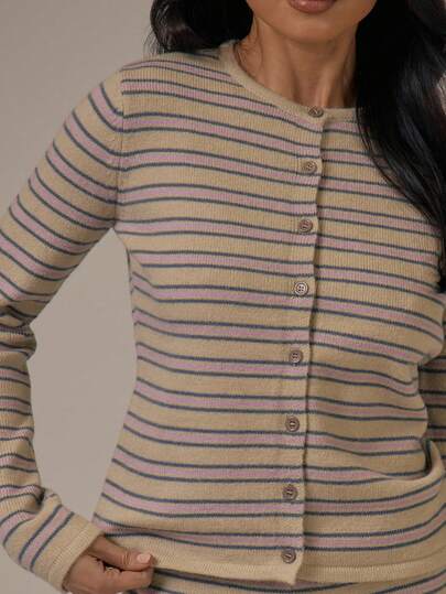 MUSERA Stripe Knit Button Through Fitted Long Sleeve Top Spring Summer Cute Cosy Cottage Core Spring Dew