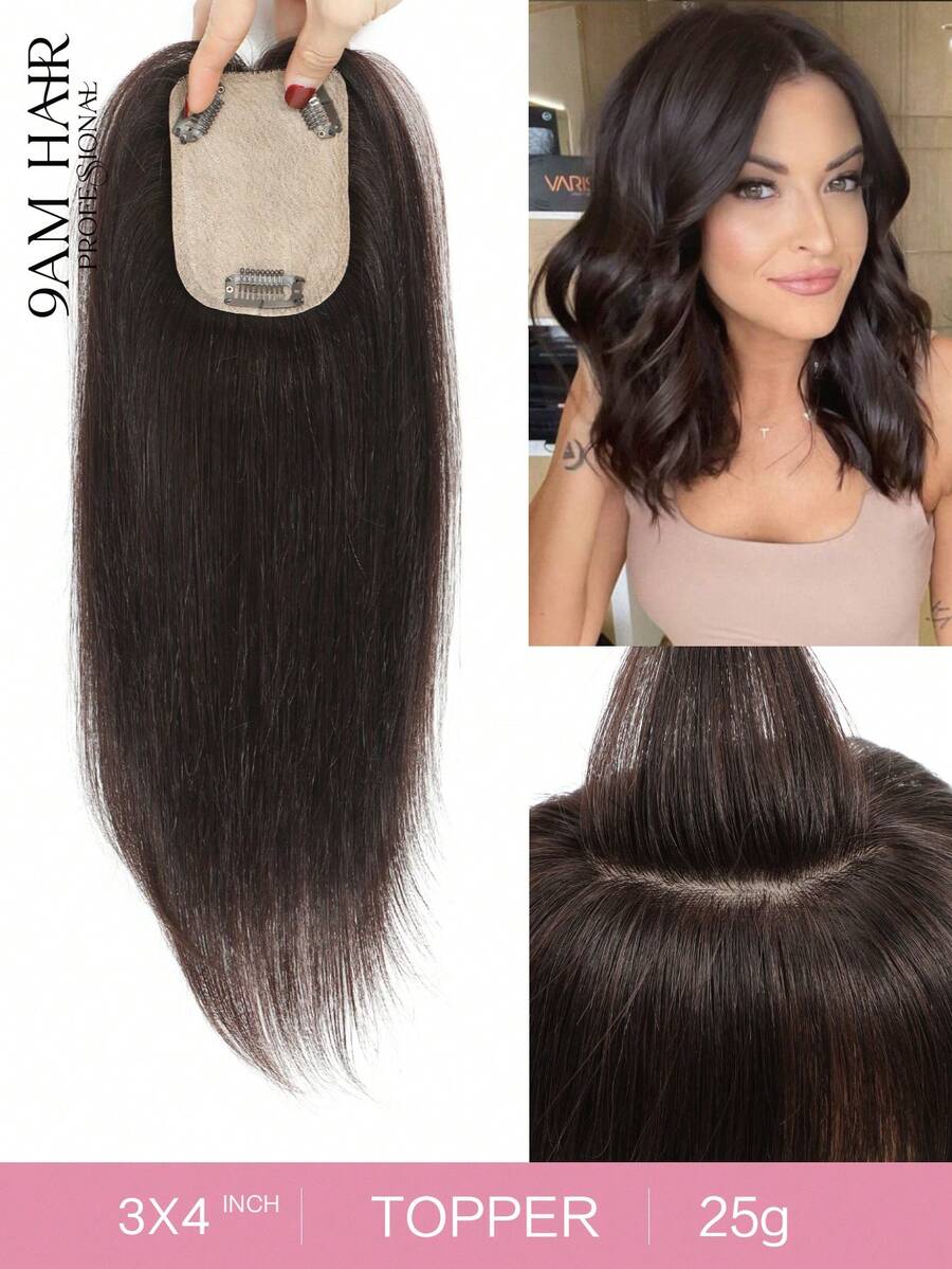 12 吋女髮飾真人髮飾直髮飾女式稀疏髮質 4*3 吋底座尺寸髮飾夾接髮深棕色髮片 - S2 - 查看 1