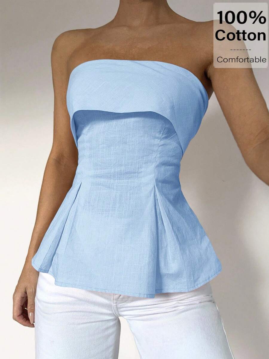 Siren Gaze 亚麻棉抹胸：凸显腰线的波西米亚风职场穿搭 | Old Money Elegance 2025 夏季新品发布 | 日夜转换与职场魅惑风格 - 淺藍色 - 查看 1