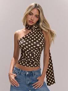 SHEIN ICON Áo kiểu nữ cổ điển gợi cảm, thanh lịch, họa tiết chấm bi, hở lưng, cổ yếm, thích hợp cho mùa xuân hè. - màu nâu - Xem 1
