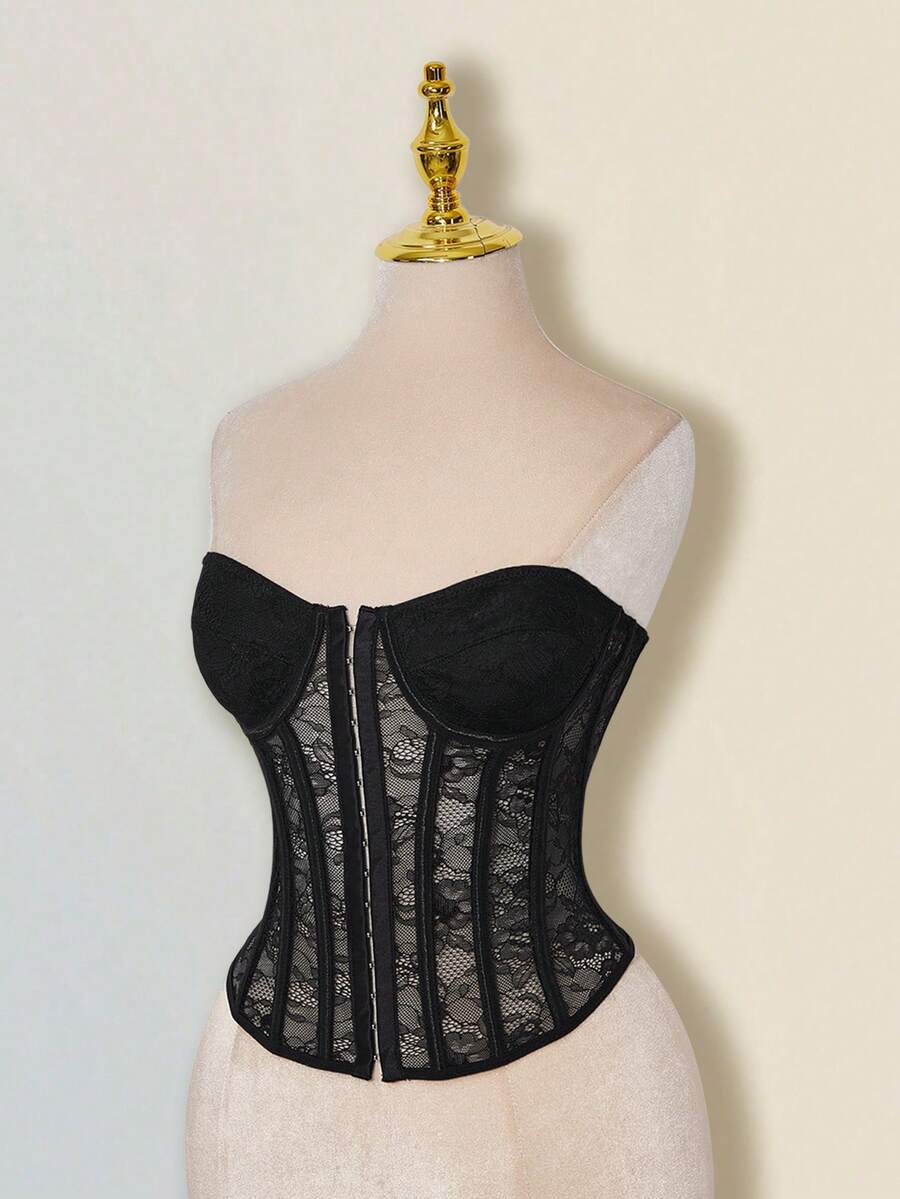 SHEIN ICON Y2k Women's Goth Black Club Hippie Sheer Tunic Sexy Lace Trim Semi-Sheer Fitted Camisole Top - Black - View 1