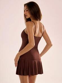 Avenya Women's Summer Ruffled Strap Mini Dress - Brown - View 5