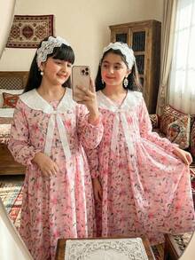 Tween Girls Pink Floral Midi Dress,Cute Summer Elegant Party Al-Adha Arabic Middle Eastern Style Lace Collar Large Bow Holiday Everyday Wear - Multicolor - View 3