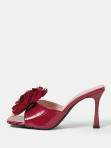 CUCCOO HITCHD 女士方头细高跟套脚花卉装饰穆勒凉鞋，性感时尚派对、夜店礼服鞋 - 酒紅色 - 查看 2