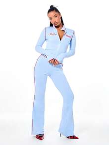 BABYPHAT Script Flare Leggings High Rise Wide Leg Sweatpants With Red Piping Contrast Detail Fall Winter Casual Pants - Baby Blue - View 5