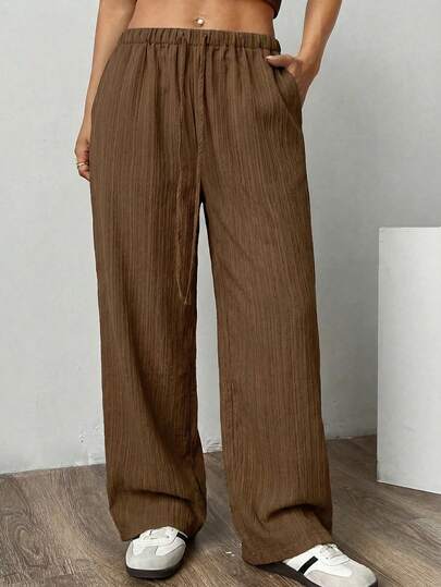 Solflare Plus Size Women Mocha Brown Woven Drawstring Waist Pockets Wide Leg Loose Pants