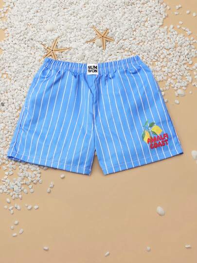 SUMWON Boys Pinstripe Swim Trunks Elastic Waistband Board Shorts With Lemon Print Summer Beach Vacation Casual Swimwear