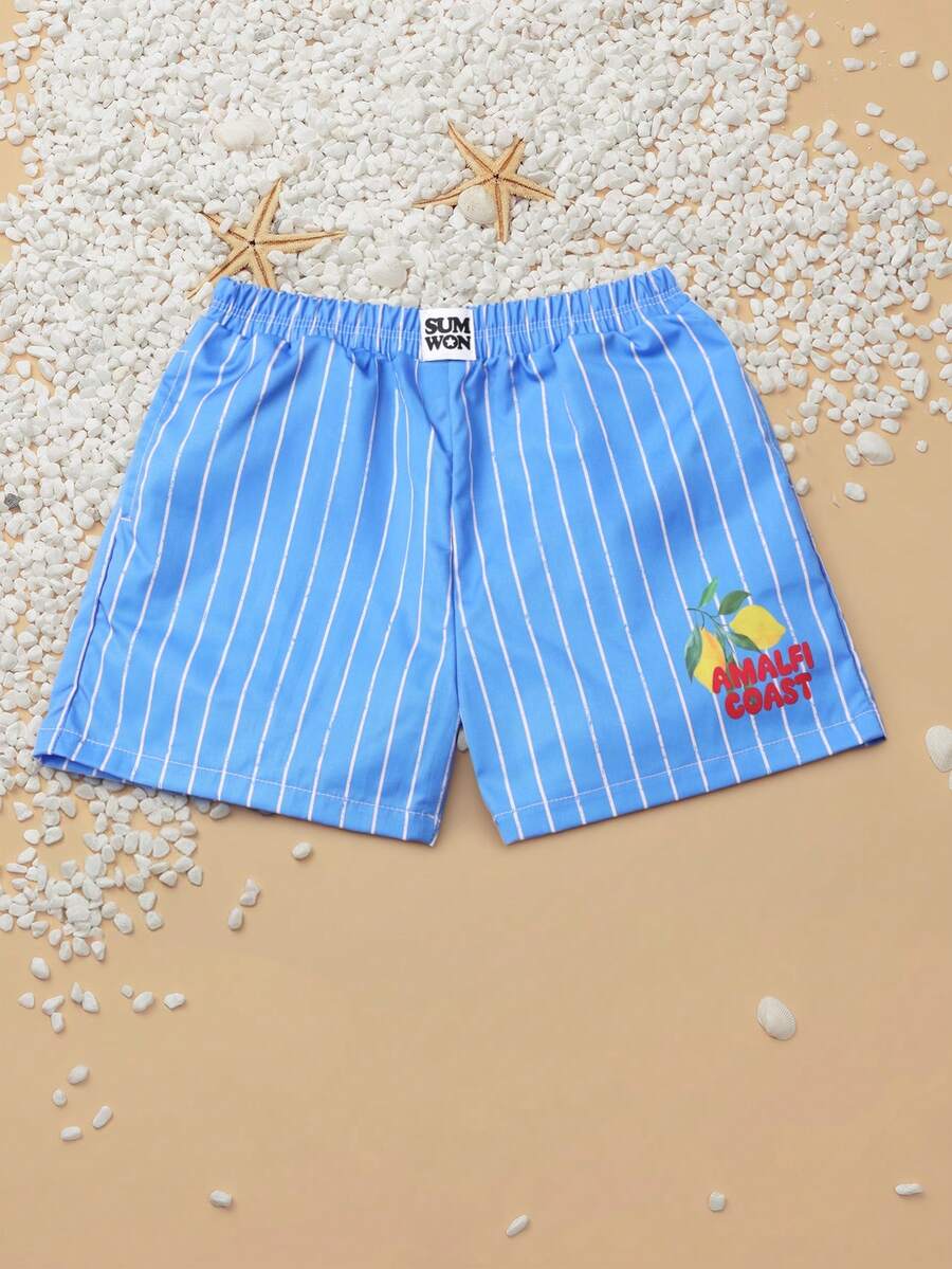 SUMWON Boys Pinstripe Swim Trunks Elastic Waistband Board Shorts With Lemon Print Summer Beach Vacation Casual Swimwear - Blue - View 1