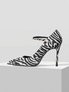 MOTF WOMEN'S FASHIONABLE ELEGANT COMMUTER ZEBRA PRINT POINTED TOE ADJUSTABLE BUCKLE HIGH HEELS VALENTINE'S DAY - Black and White - View 1