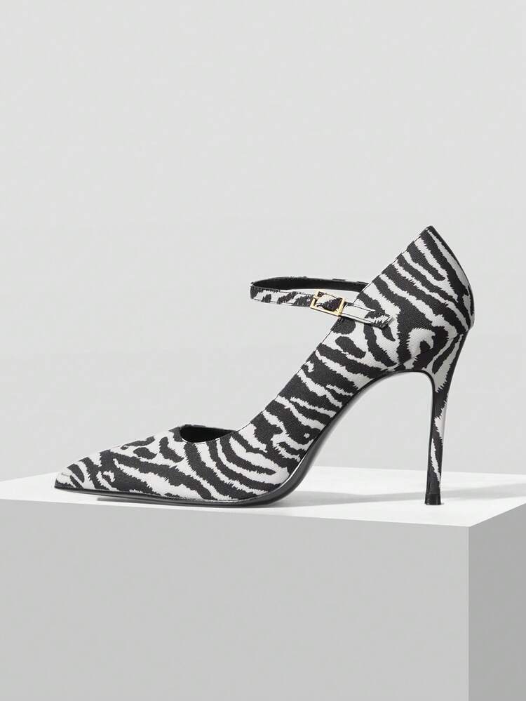 WOMEN'S FASHIONABLE ELEGANT COMMUTER ZEBRA PRINT POINTED TOE ADJUSTABLE BUCKLE HIGH HEELS VALENTINE'S DAY SPRING SHOES