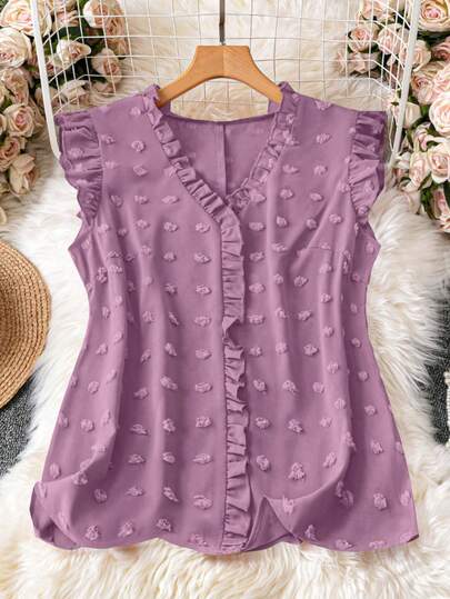 DreamSkyne Plus Size Women's Casual Vacation Swiss Dot Ruffle Armhole Blouse, Suitable For Daily Commute, Summer