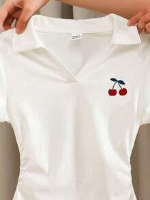 Tween Girl Solid Color Casual Polo V-Neck Fitted Side Ruched Short Sleeve Cropped T-Shirt, Classic Cherry Print - White - View 3