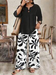 EMERY ROSE Plus Size Women's 2-Piece Set,Black And White Printed Wide Leg Pallazo Pants & V-Neck Cotton Linen-Like Shirt,Summer Casual Elegant Vacation Holiday - Black - View 3