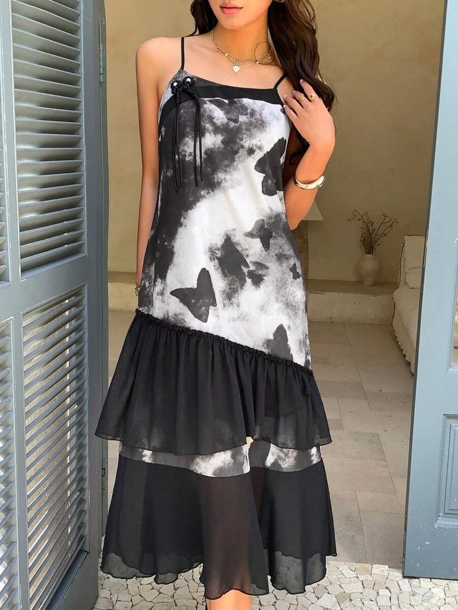 EastFlair 新款中国风水墨长款吊带连衣裙 - 黑色 - 查看 1