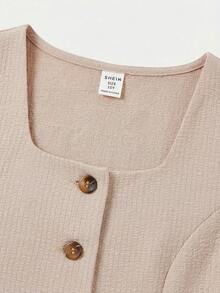 SHEIN Tween Girls' Casual Elegant Commute Street Fashion Jacquard Striped Button-Front Sleeveless Vest Top And Straight Leg Pants Set - Khaki - View 5