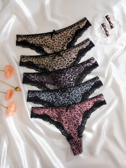 5件套性感豹纹蕾丝蝴蝶结装饰女士丁字裤