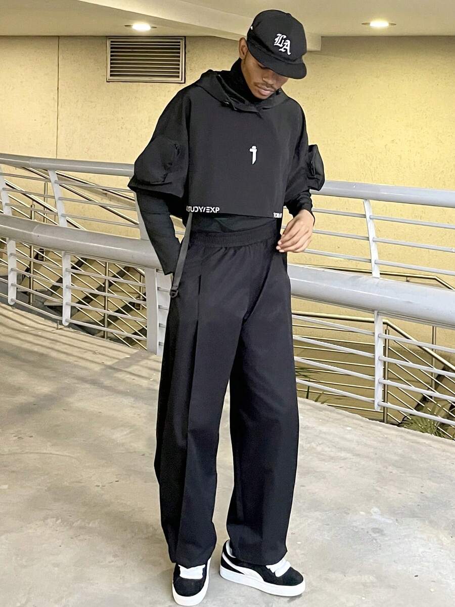 Ngobest Haus Ngobest Haus 街头服饰原宿深色功能性男士连帽斗篷，宽松休闲嘻哈套头衫上衣夹克 - 黑色 - 查看 1