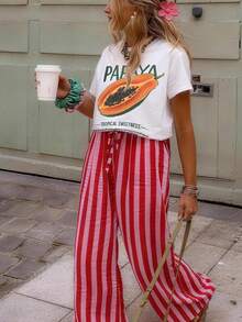 SHEIN LUNE 时尚木瓜热带甜美T恤，美观水果T恤，复古本地农贸市场水果图案 - 白色 - 查看 4