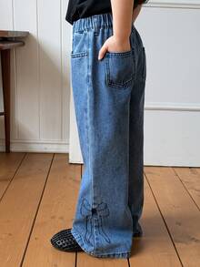 DAZY 女童蝴蝶结刺绣喇叭牛仔裤 - 藍色 - 查看 3