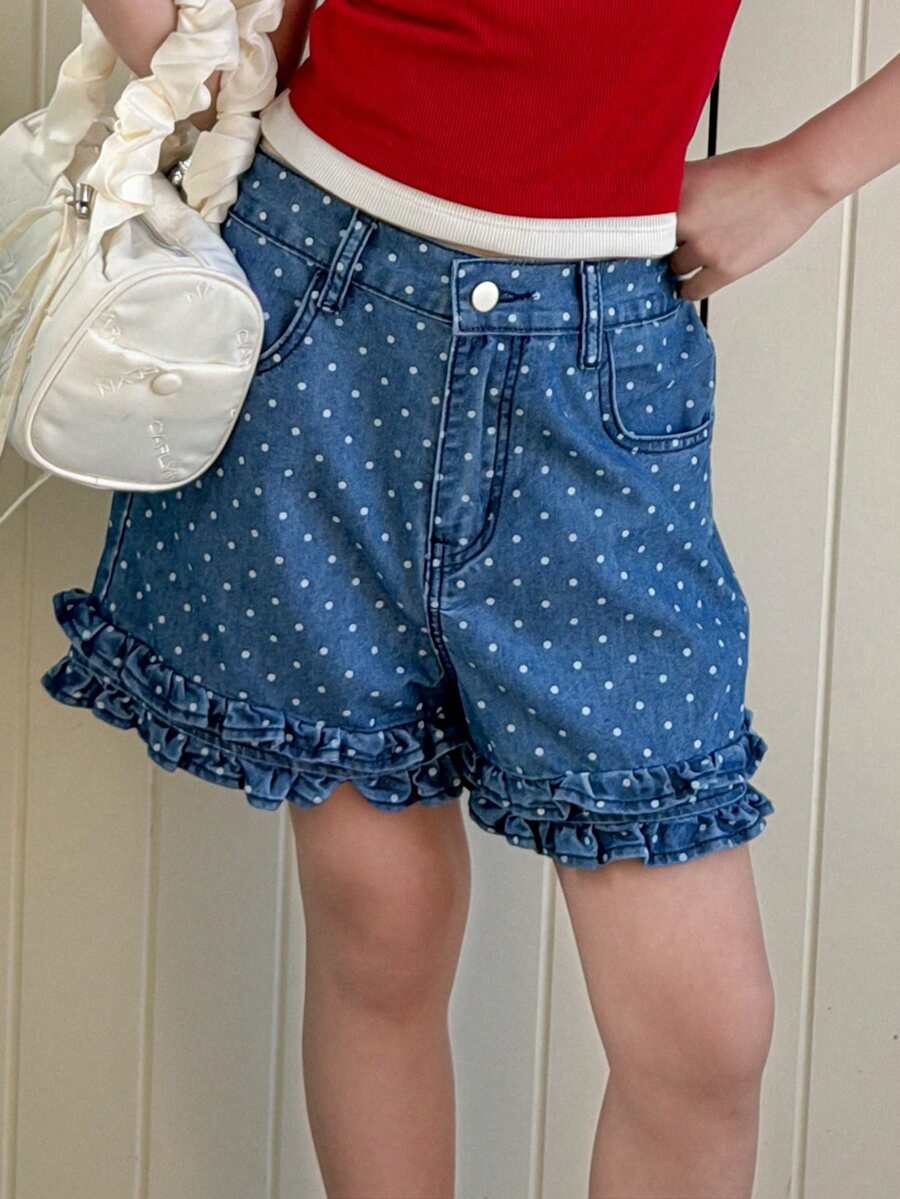 DAZY Tween Girls' Polka Dot Print Denim Shorts, Fall - Blue - View 1