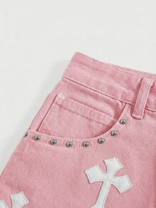 ROMWE Grunge Punk 女士刺绣十字贴片斜插口袋迷你牛仔裙 - 粉色 - 查看 2