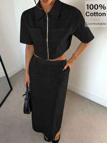 Siren Gaze 2pcs/Set Women Solid Color Short Sleeve Zip Up Cropped Top & Skirt Women Summer Clothing Women Summer Sets Woman S Summer Clothes Women Plus Clothing Business Casual Women Plus Clothing Formal Cotton 2 Pieces Set Women Two Pieces Skirt Set Women 2 Pieces Casual Set Women Zip Up 2 Pieces Set Shirt And Skirt Set Black - Black - View 1