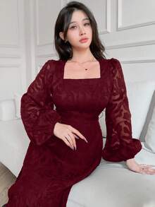 Feyla Đầm nữ thanh lịch cổ vuông, eo thon, tay phồng, thích hợp cho mùa thu. - Màu Đỏ Sâu - Xem 3