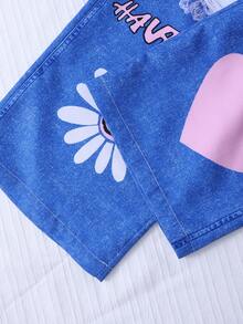 SHEIN Quần ống rộng dáng suông phong cách thường ngày cá tính dành cho bé gái tuổi teen, họa tiết chữ cái và nơ, chất liệu denim, phù hợp cho các bé gái trước tuổi teen, quần ống thẳng in hình graffiti, thời trang thường ngày, mặc hàng ngày. - Màu xanh lam - Xem 3