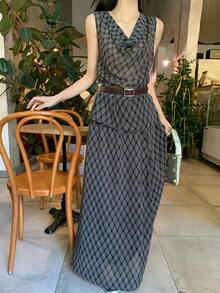 DAZY Women's Plunging Neck Sleeveless Argyle Maxi 2 Pieces Set, Fashionable For Summer - Light Grey - View 6