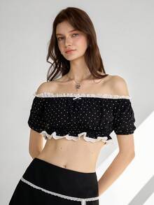 Ardnt Áo croptop trễ vai tay phồng chấm bi kiểu Pháp thanh lịch, viền bèo nhún, kiểu dáng gợi cảm, thời trang mùa hè mới dành cho nữ. - Đen và trắng - Xem 1