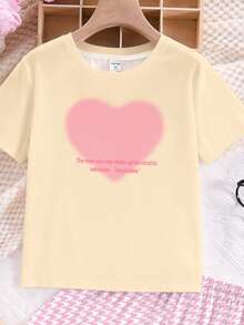 Cream Cake Color Scheme, Cream Yellow & Cream Pink Plaid, Pink Ombre Heart Print, Teen Girl Casual Loose Minimalist Round Neck Short Sleeve Top T-Shirt And Shorts Loungewear, Suitable For Spring/Summer Daily, Home, Outing, Vacation, Effortless Chic, Laid-Back Style, Relaxed Chic, Chill Vibe Outfits - Multicolor - View 4