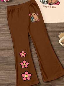 Spring And Summer Young Girl Casual Fashion Creative Personalized Fresh Minimalist Kapibaila Pearl Milk Tea Heart Flower Pattern Letter Slogan Print Casual Basic Short T-Shirt And Flared Pants Set, Comfortable Daily Wear, Cozy Summer And Fall Styles Suitable For Spring, Summer And Autumn - Multicolor - View 4