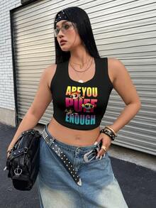 THE POWERPUFF GIRLS X SHEIN 大码夏季休闲字母卡通印花露脐背心 - 黑色 - 查看 4