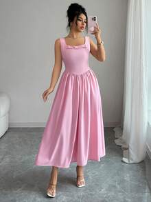 Elenzga 女士优雅蝴蝶结装饰方领连衣裙，夏季 - 粉色 - 查看 5