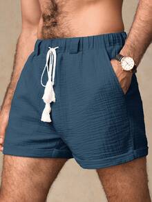 HIMLAND Men's Navy Blue Linen Drawstring Shorts, Summer Tropical Beach Vacation Plain Woven Fabric Casual Shorts With Knot Detail For Sports, Father's Day Gifts, Football - Blue - View 6