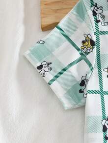 男婴卡通狗狗格子印花 Polo 领开衫和裤子两件套，休闲舒适家居服，春夏款 - 綠色 - 查看 7