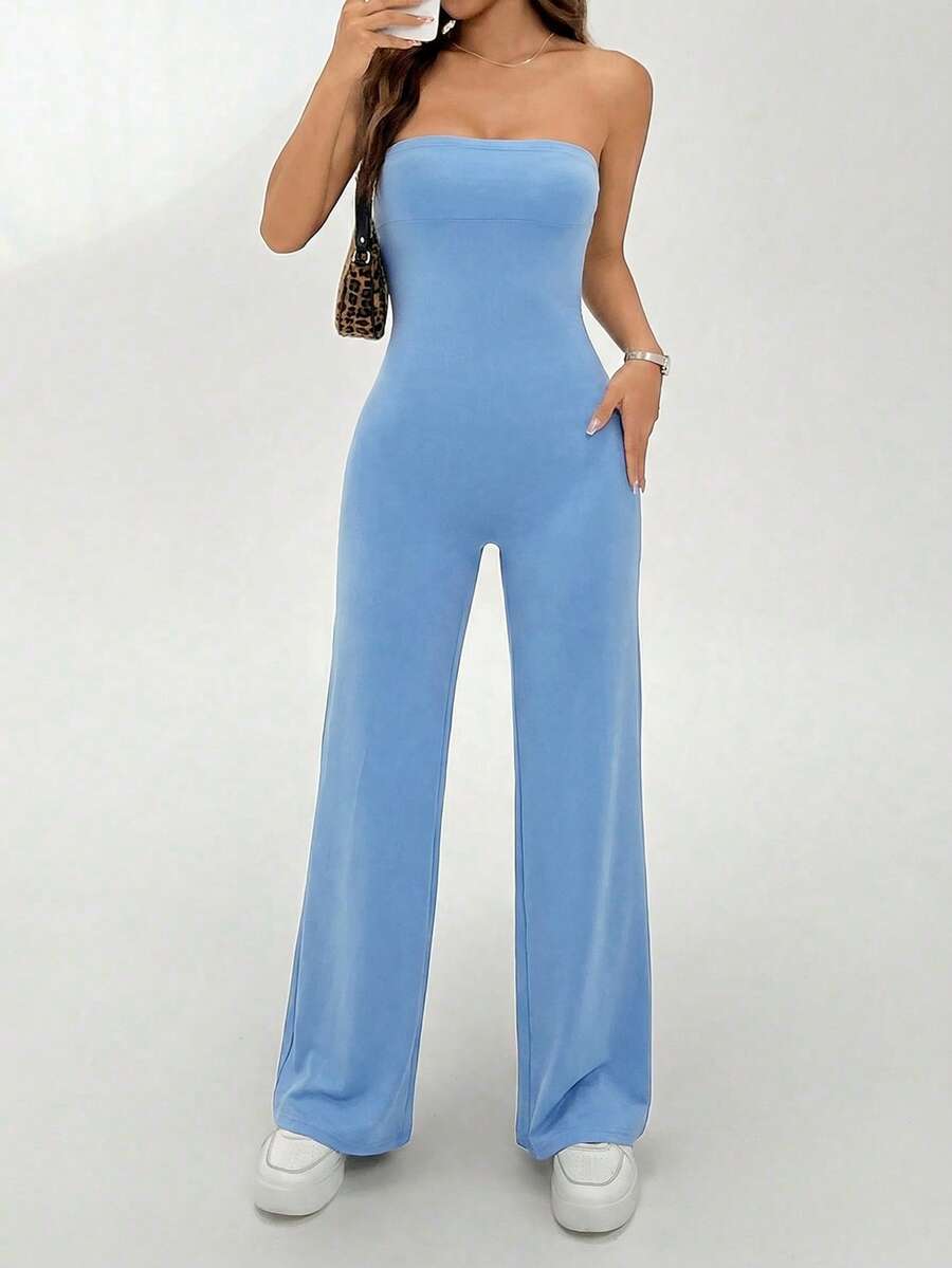 SHEIN EZwear Women's Simple Strapless Flared Jumpsuit, Daily Wear, Blue - Blue - View 1