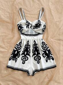 Soleia Women's Vacation Jumpsuit, Pattern Camisole, Placement Print, Beach & Seaside Summer Outfit - Multicolor - View 5