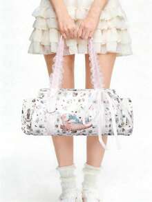 ROMWE Kawaii Fashionable Colorful Star Pattern Lace Cute Retro Shoulder Cylinder Boston Handbag For Women, 1481690 - White lead cat - View 8