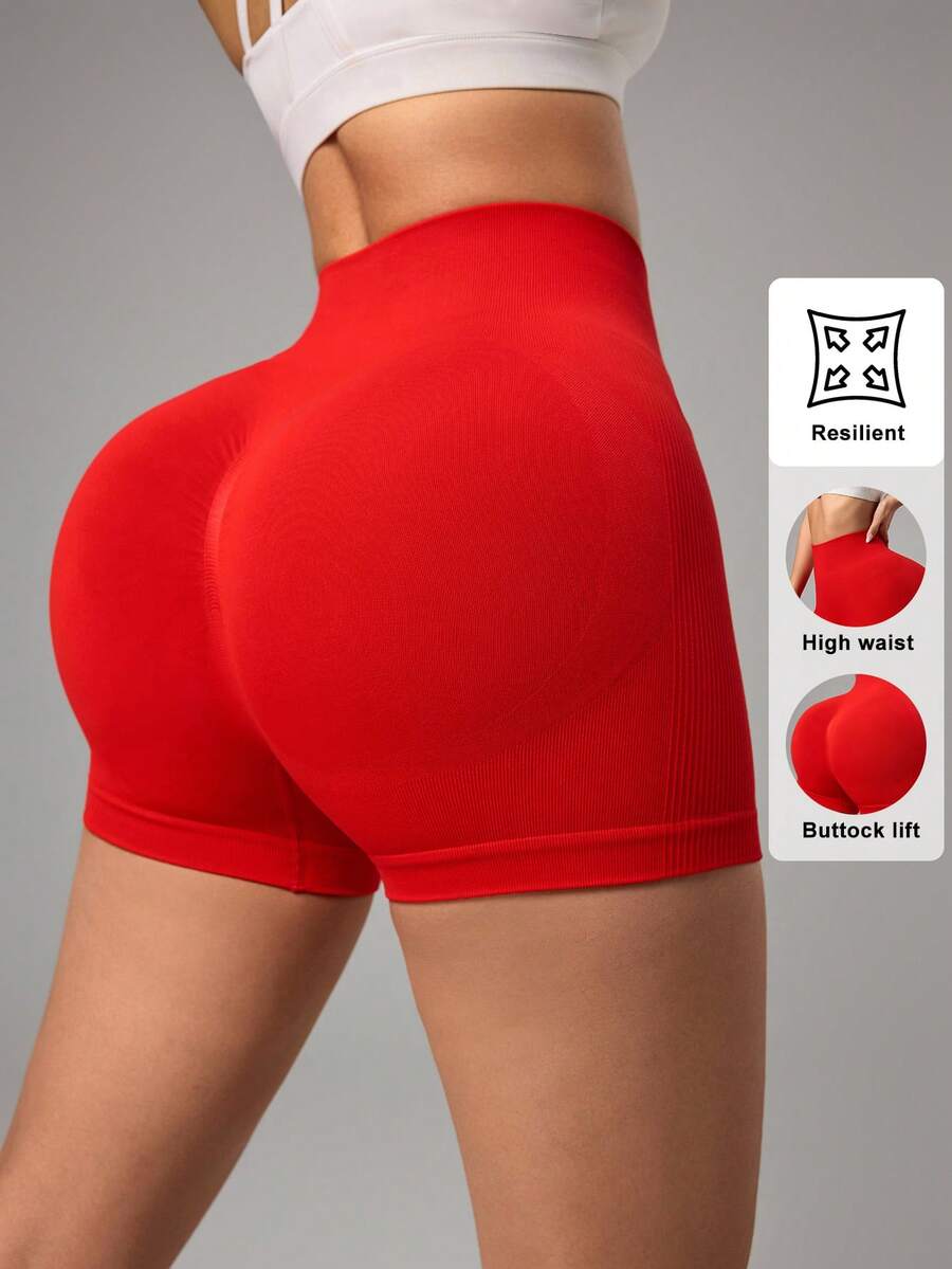 Easithlete 女士纯色弹力腰带休闲健身短裤 - 紅色 - 查看 1