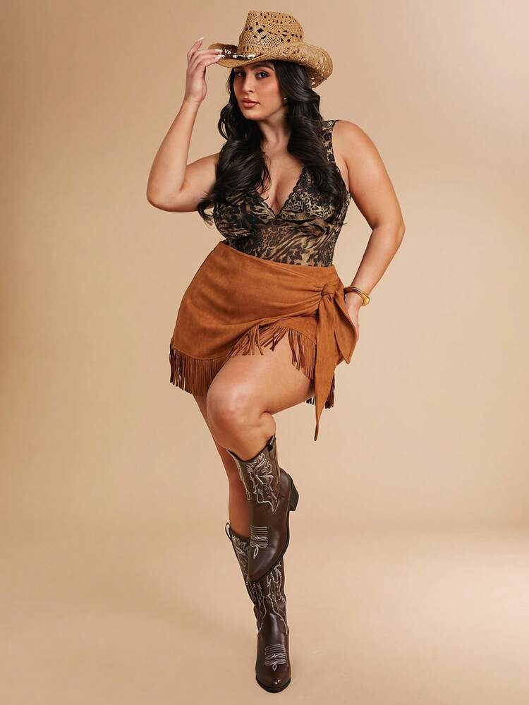 SHEIN BAE 大码女式豹纹蕾丝拼接深V领无袖连体衣 - 彩色 - 查看 4