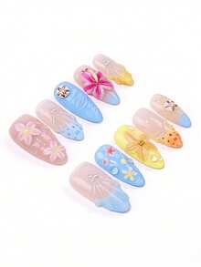 ROMWE Anime 10 Simple Three-Dimensional Carved Fake Nail Pads And A Piece Of Double-Sided Tape - Multicolor - View 2